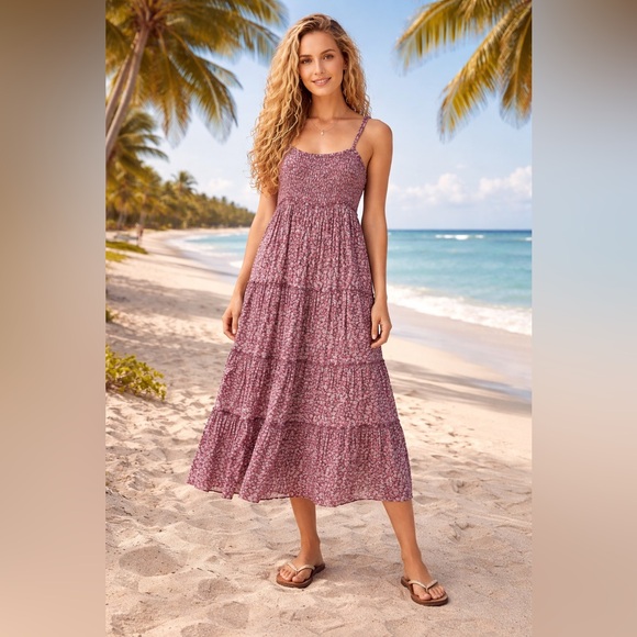 Lucky Brand Dresses & Skirts - Floral Tiered Midi Dress Boho Beach Sundress Flowy Lightweight Summer XL